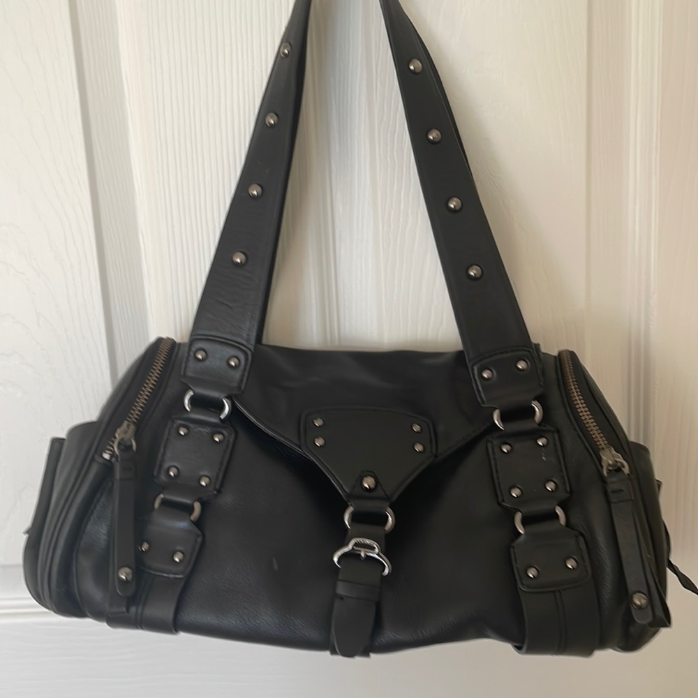 Cole Haan black leather shoulder bag with 5 pockets metal studs tassel zippers